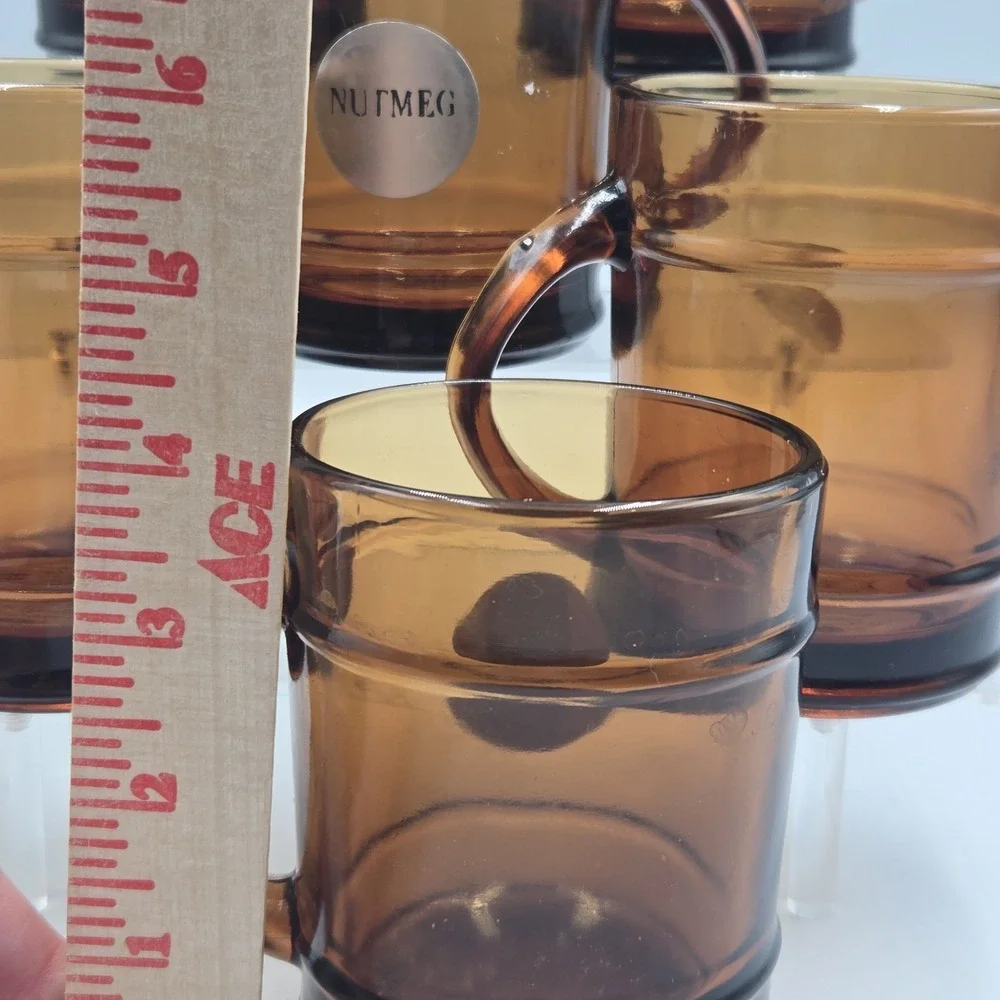 Set 5 VTG Fire King Anchor Hocking Glass AMBER BROWN‎ Barrel MUGS Spice Sticker